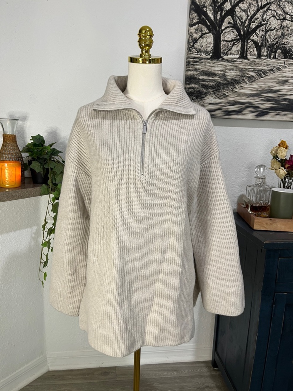 H&M Women's Ribbed Half-Zip Sweater - Beige